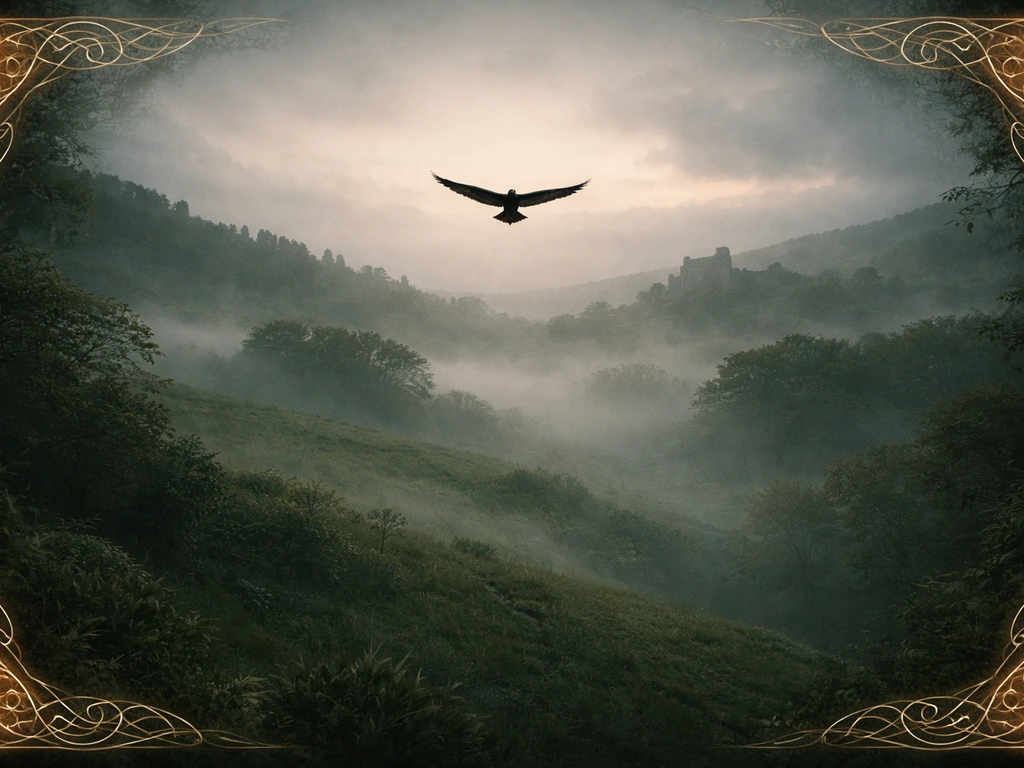 Single bird gliding over misty green Celtic hills with subtle glowing knotwork framing.