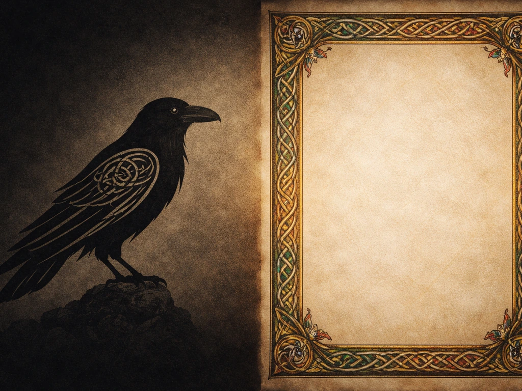 Split view of a raven silhouette beside illuminated Celtic knotwork on parchment, symbolizing Celtic bird meaning.