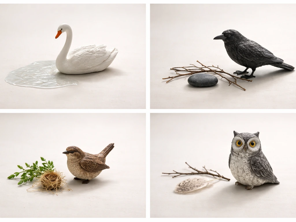 Minimal tabletop scene with four distinct bird figurines—swan, raven/crow, wren, and owl—each with subtle context props.