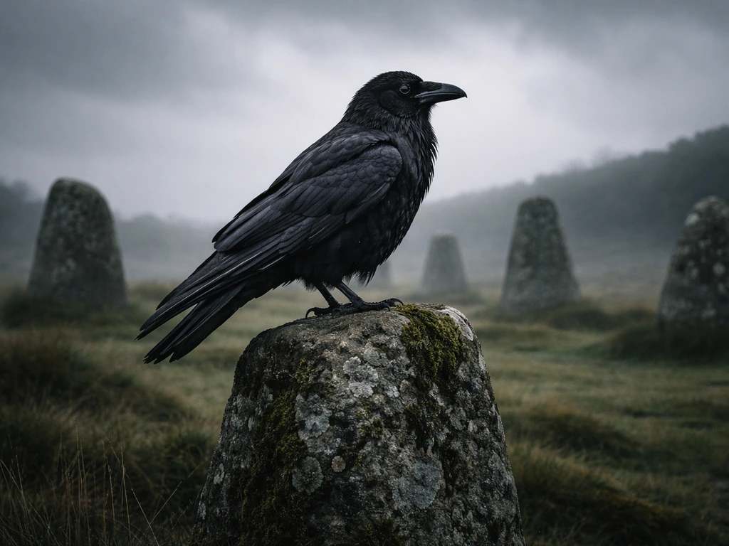 Black raven perched on a weathered standing stone under a moody sky, symbolizing guardian-like presence.