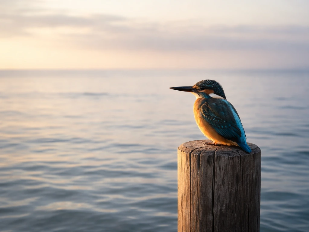 A kingfisher perched above calm ocean water at dawn, with a soft horizon and serene mood.