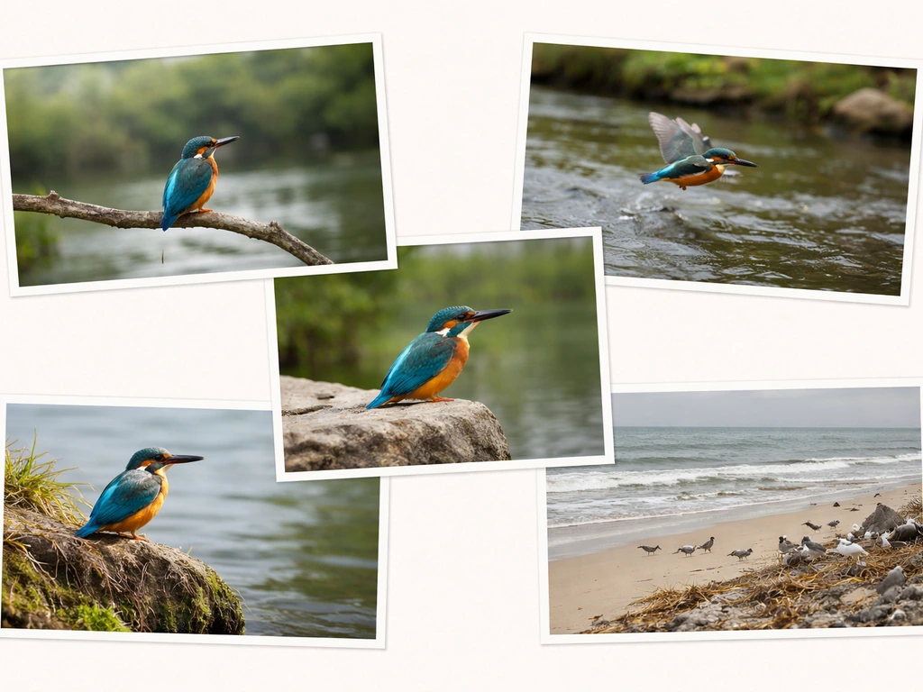 A minimal collage of assorted kingfisher silhouettes and sea-bird nesting imagery suggesting the “halcyon bird” ambiguit
