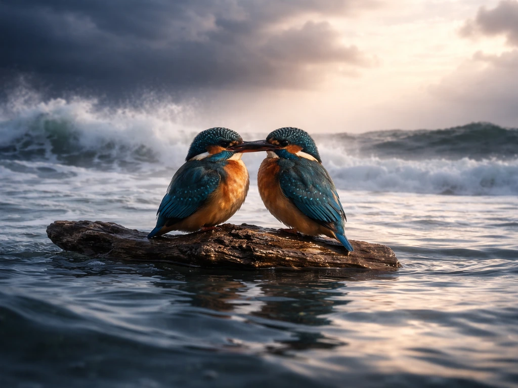 Two kingfisher-like birds perched over calm sea, with stormy ocean churning in the distant background.