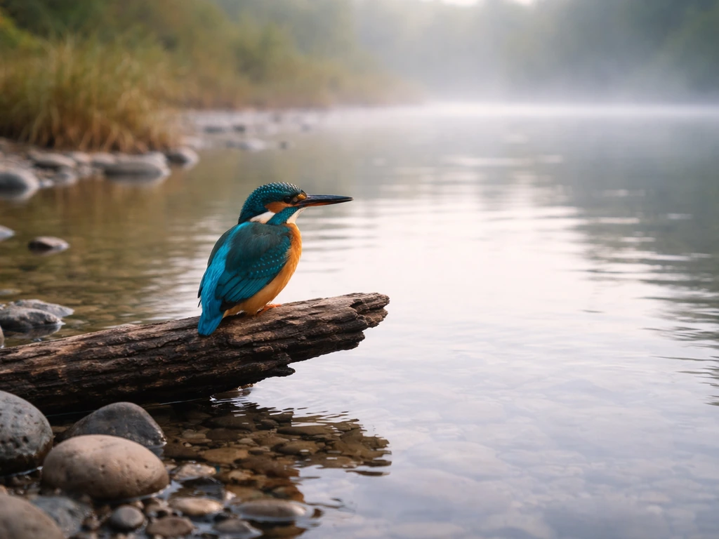 Kingfisher-like bird perched on driftwood at a calm river edge with reeds and stones nearby.
