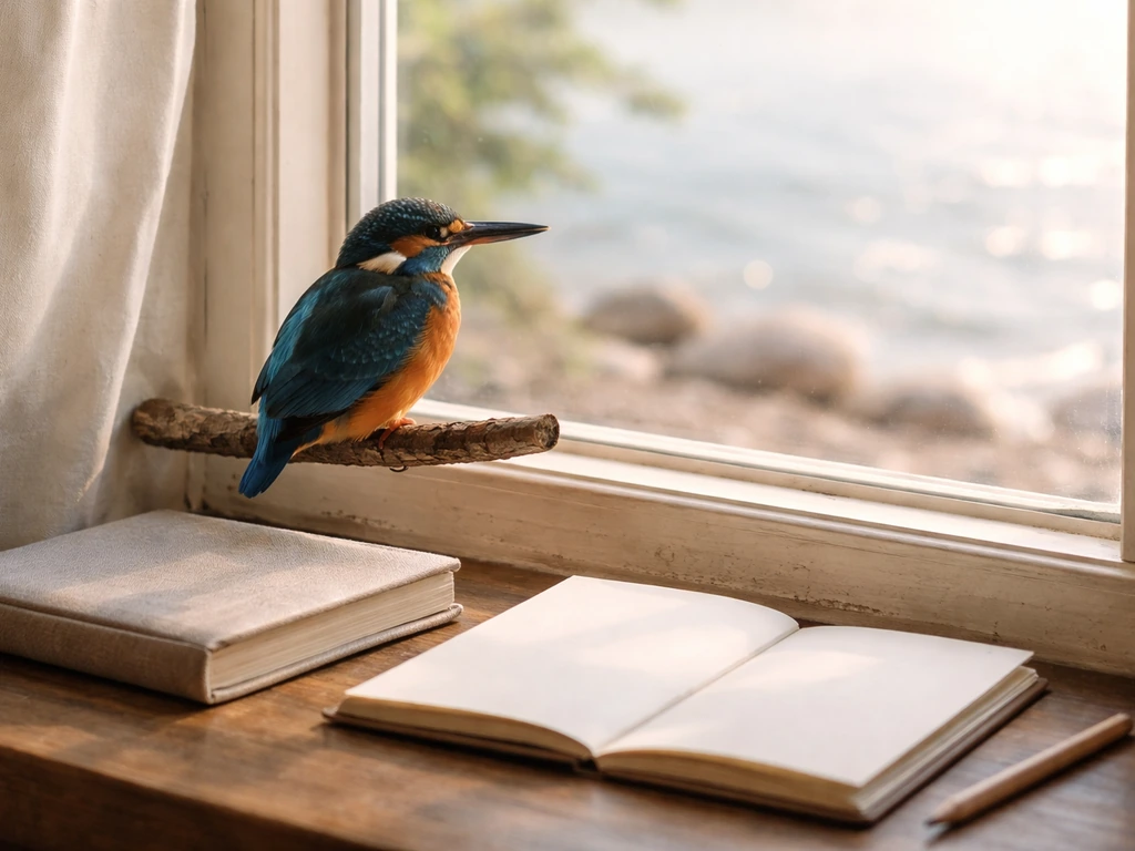 Blue kingfisher perched by a window with a journal and sketchbook for quiet reflection.