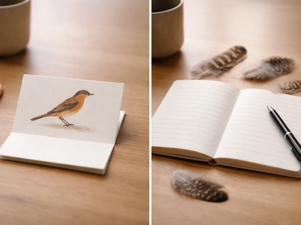Minimal split scene showing a bird illustration card on one side and contextual writing prompts on the other.