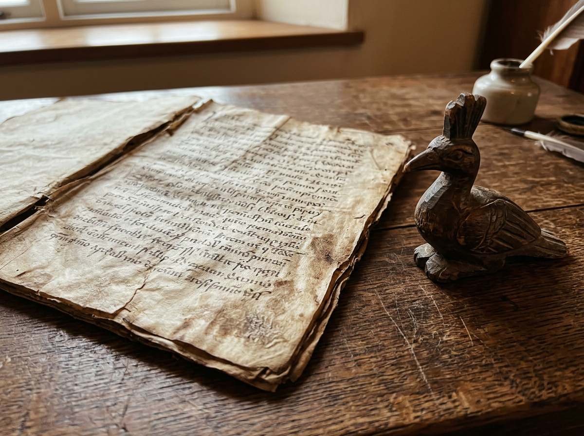 Ancient-style manuscript page and a carved Bennu-style bird sculpture