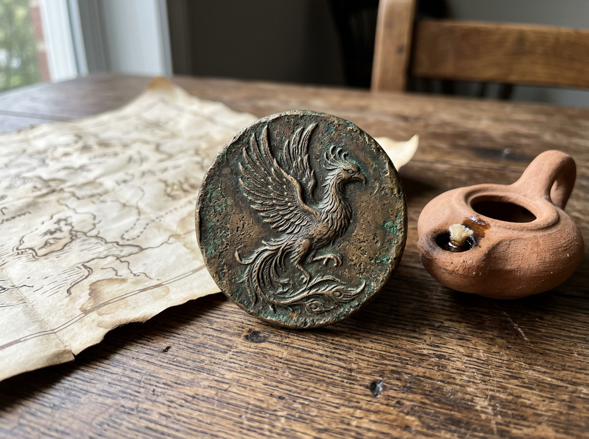 Bronze coin or medallion depicting a classical phoenix-style motif
