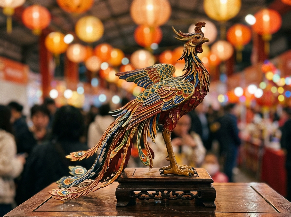 Fenghuang-style figurine with colorful plumage and lantern light