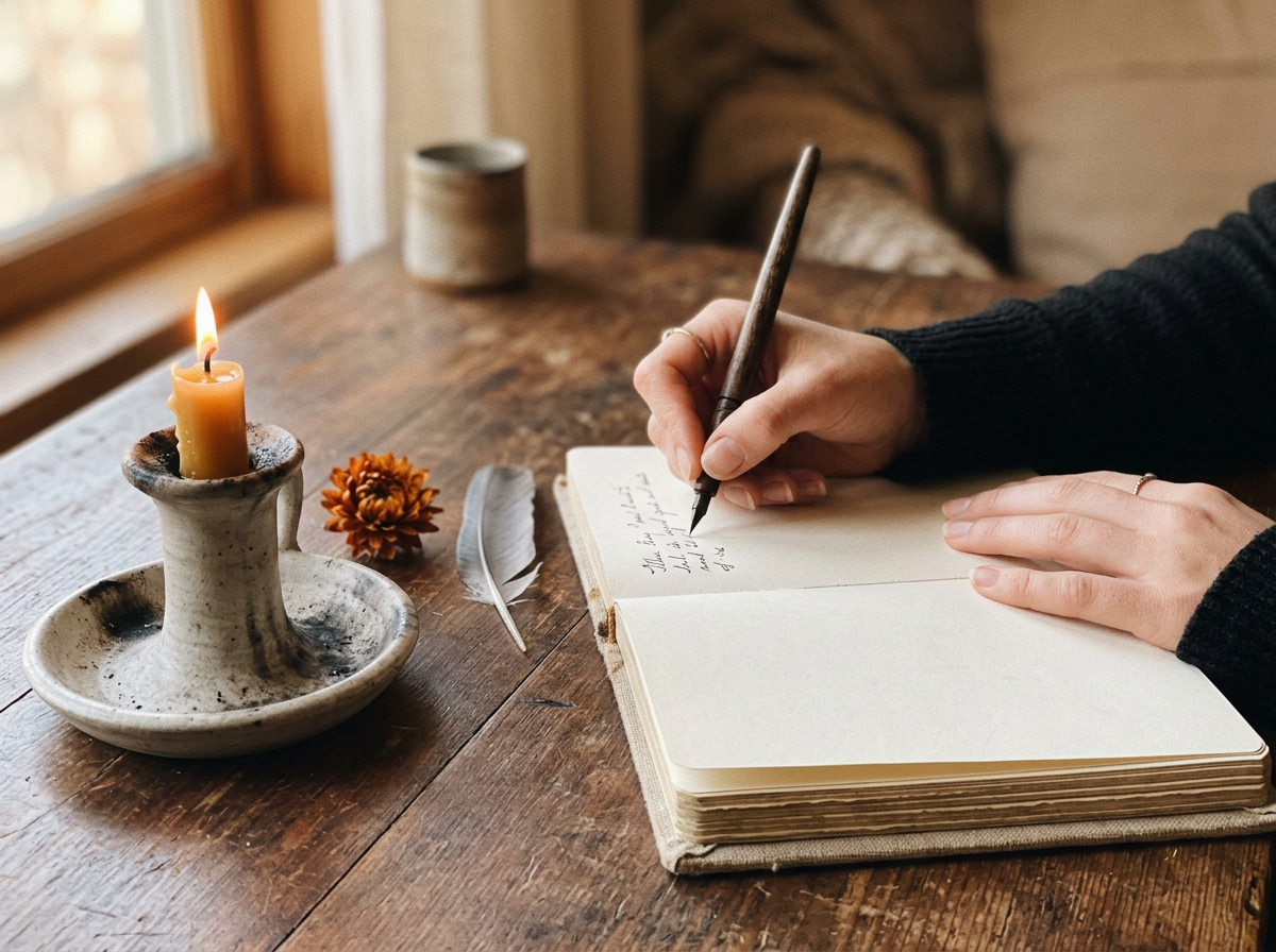 Notebook journal with reflection prompts beside a candle