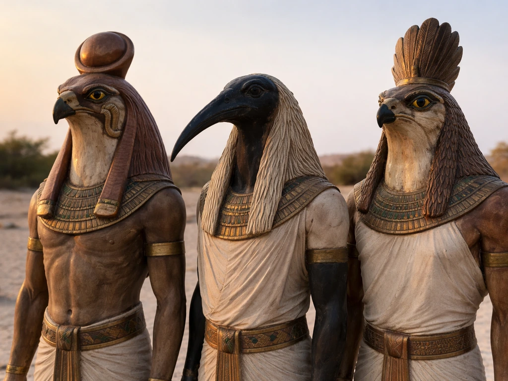 Three distinct bird-headed Egyptian gods—falcon, ibis, and hawk—shown side-by-side on sandy ground.