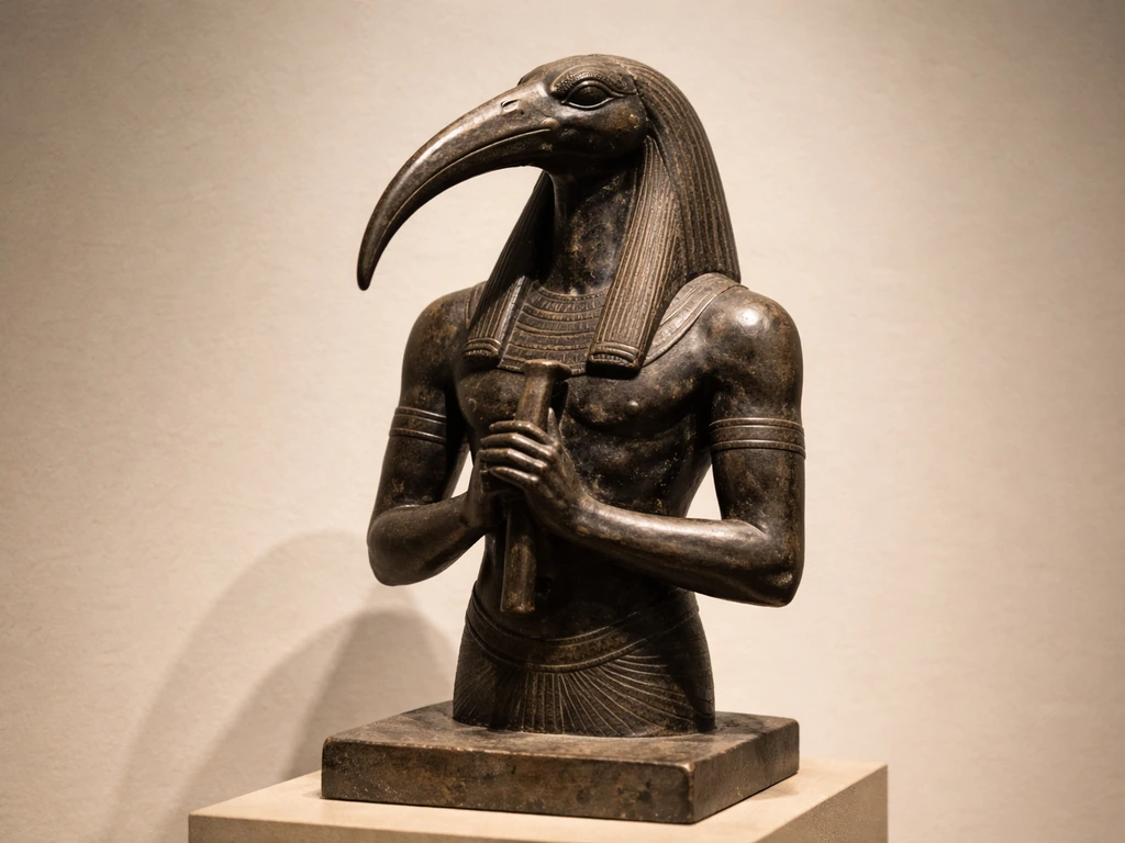 Museum photo of an ibis-headed Thoth statue, highlighting the long down-curved beak.