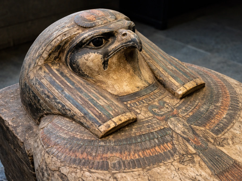 Ancient Egyptian hawk-headed funerary god motif on a weathered coffin lid in dim museum-like lighting.