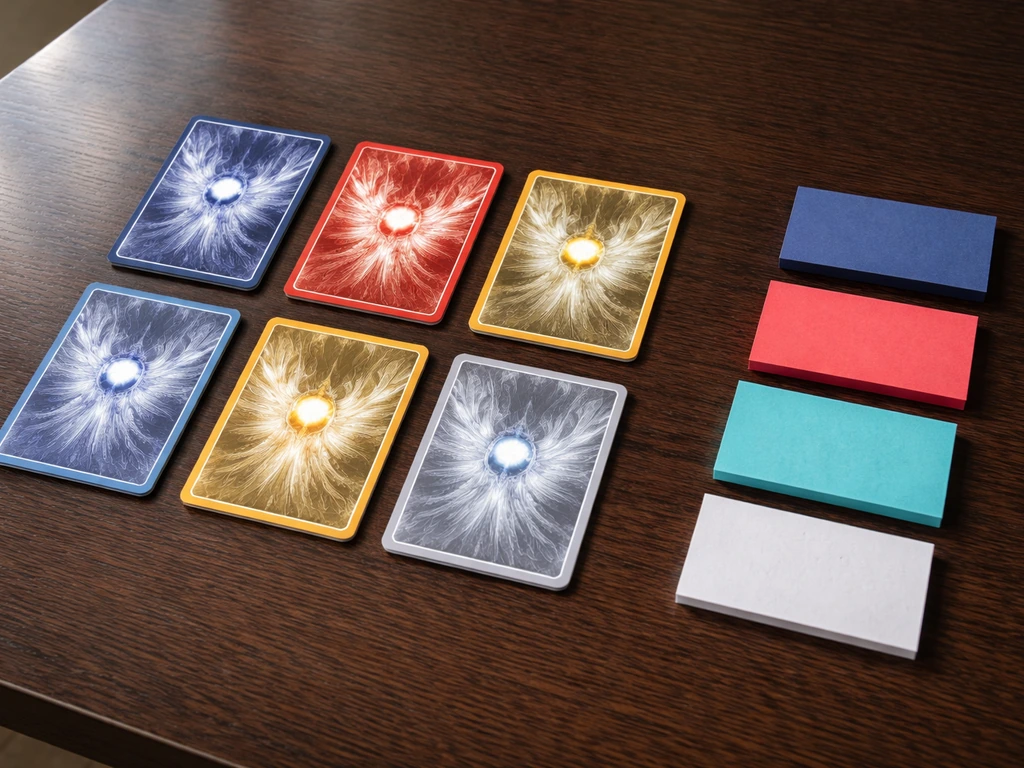 Six face-down collectible cards in a minimal two-row layout beside blank color-coded sticky tabs.
