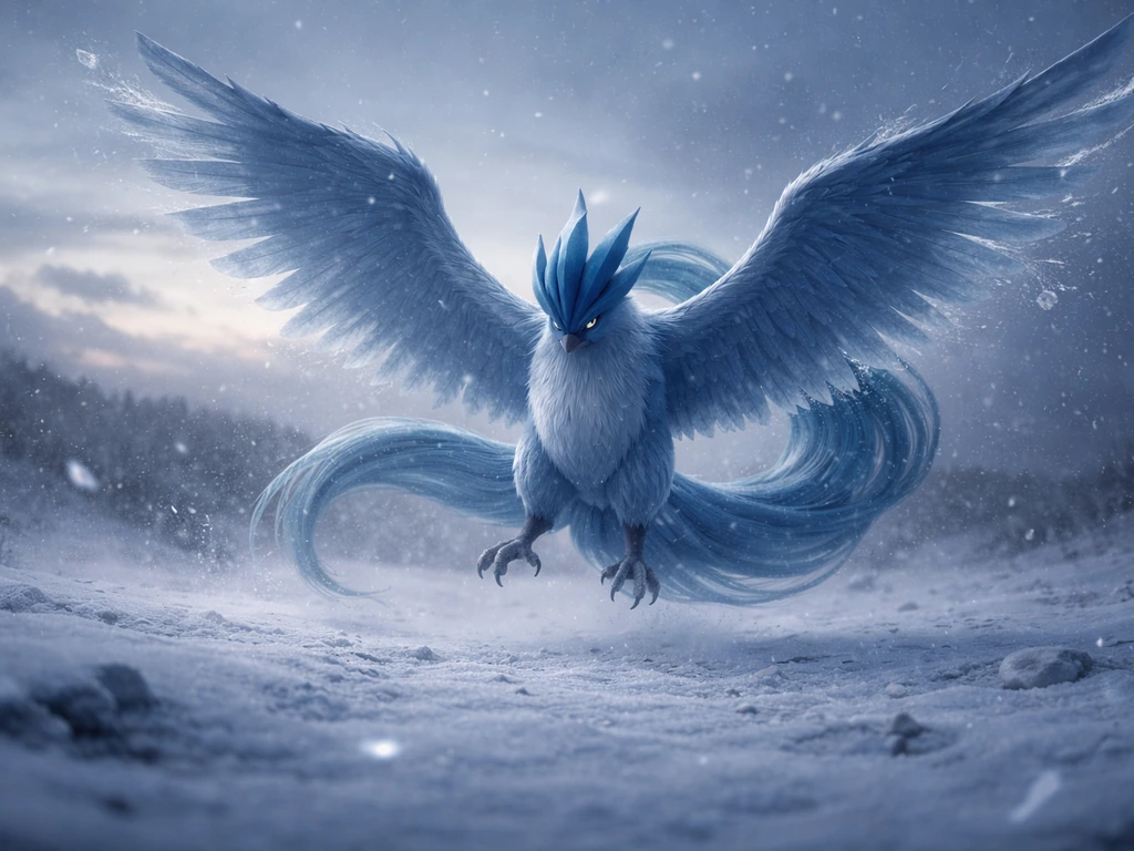 Articuno-like icy bird Pokémon in a tense cold-weather battle moment, stressed and fragile