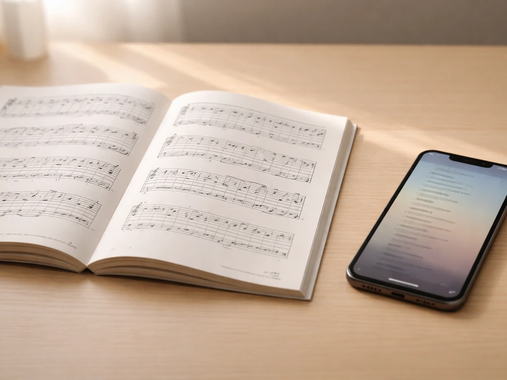 Open licensed sheet music next to a phone, with a visible publisher credit line for version checking.