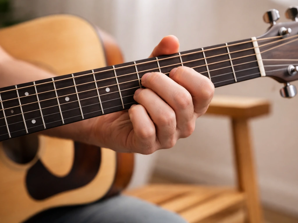 Close-up of a musician’s hands forming a simple guitar chord above a guitar on a clean music stand.
