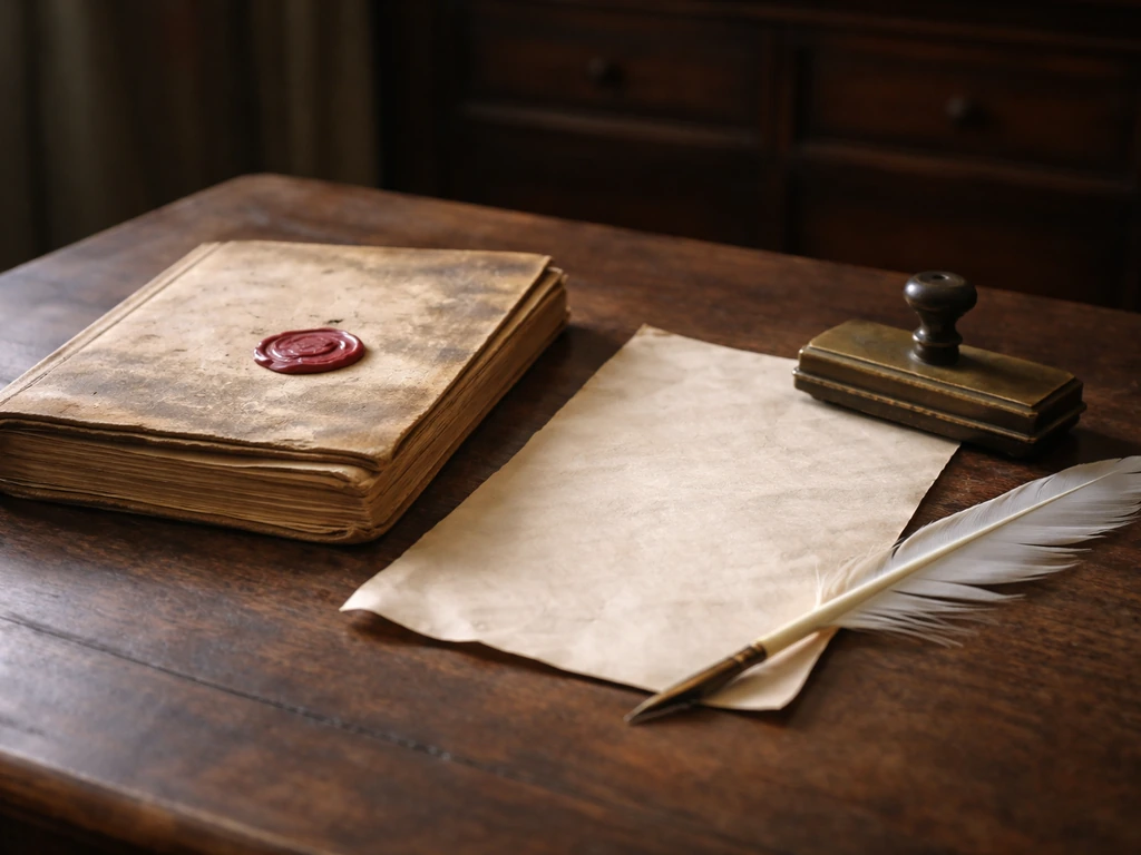 A wax-sealed parchment letter and aged ledger on a simple desk in soft natural light.