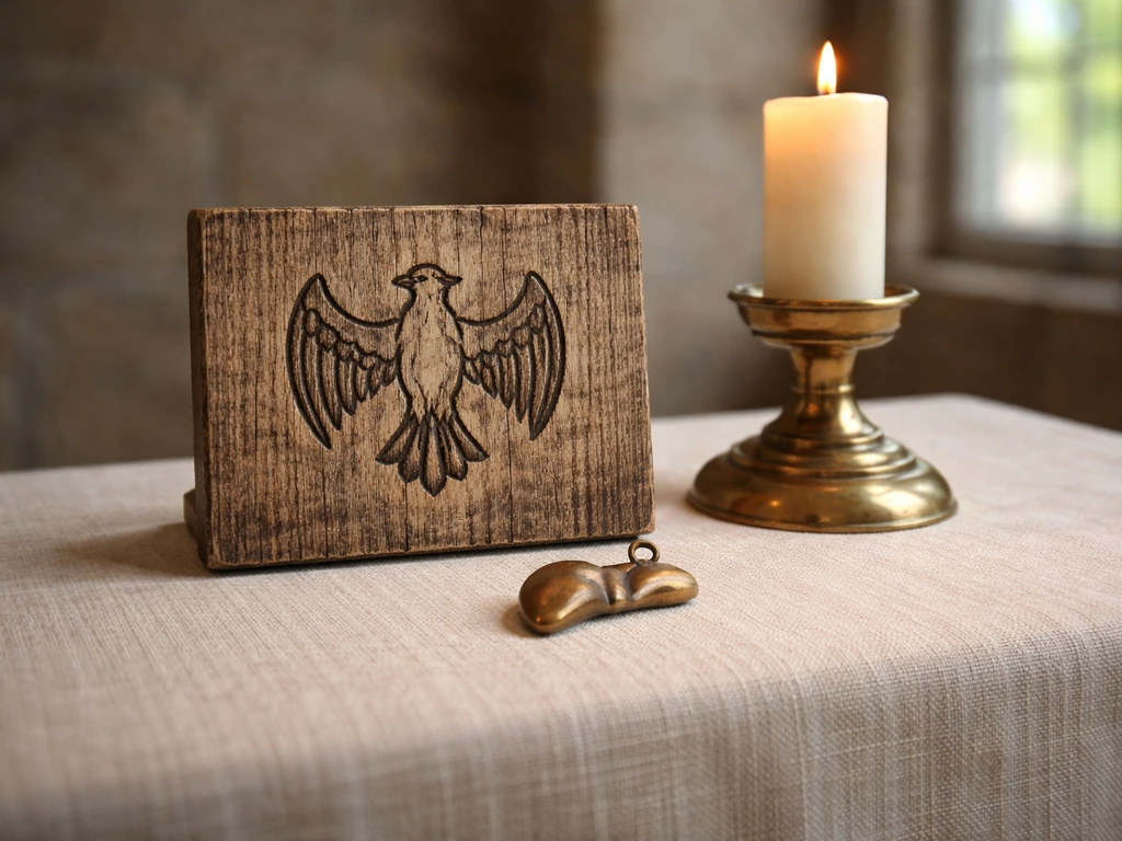 A rustic church altar with carved bird symbol motifs and a small bronze liver-shaped charm on a cloth