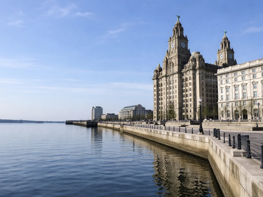Royal Liver Building at Pier Head, Liverpool, with two copper liver birds on top against the sky