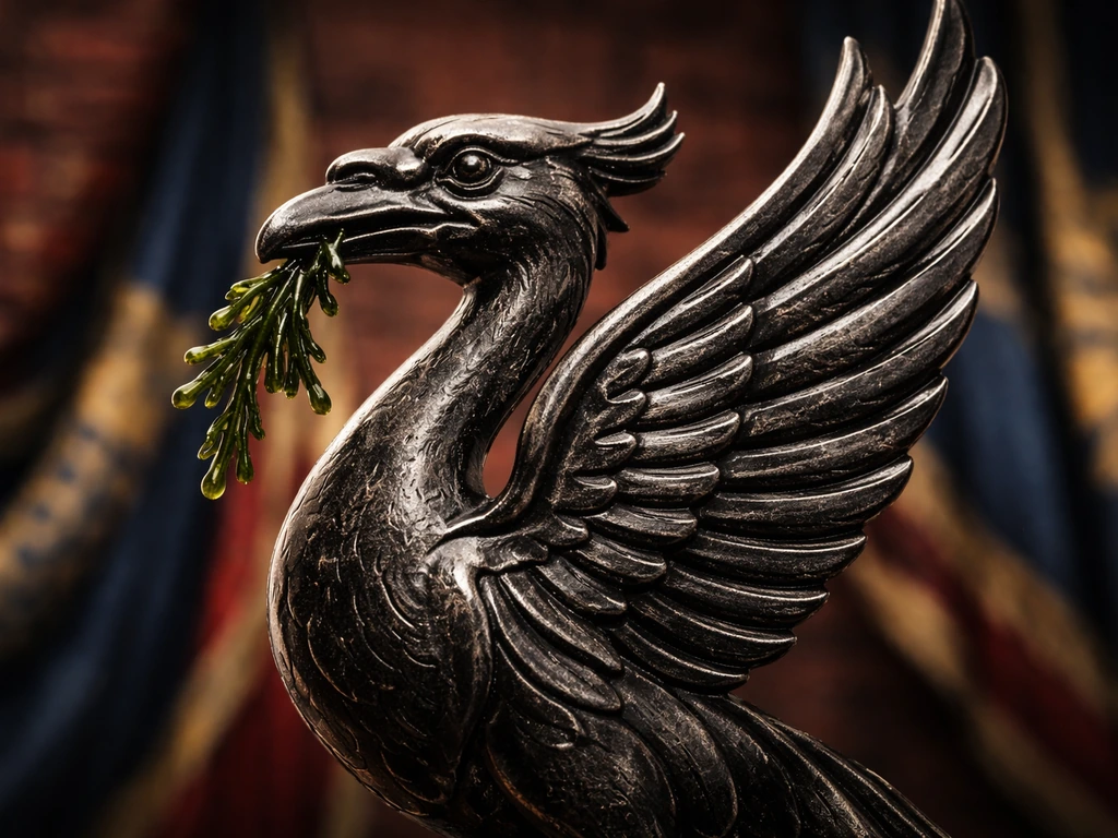 Close-up of the Liver Bird crest with laver seaweed, set against a red-and-blue Liverpool-inspired background.