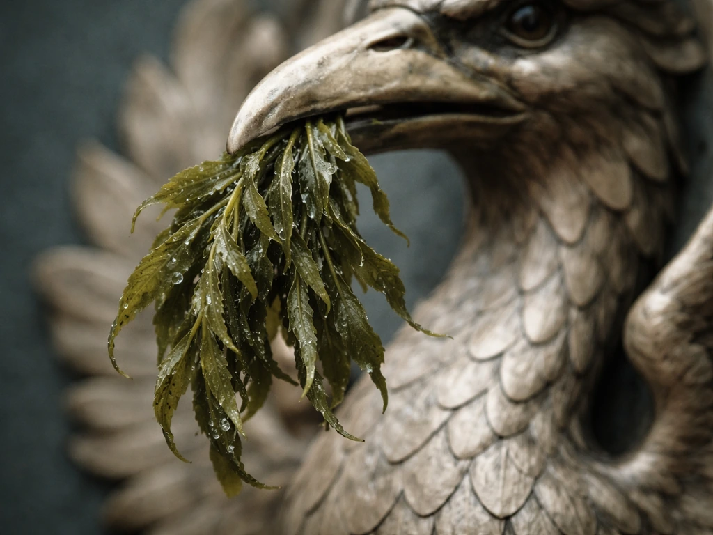 Close-up of a heraldic Liver Bird beak holding a detailed sprig of laver seaweed
