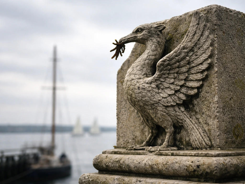 Weathered stone carving of a heraldic bird by a quiet harbor with sail silhouettes in soft focus.