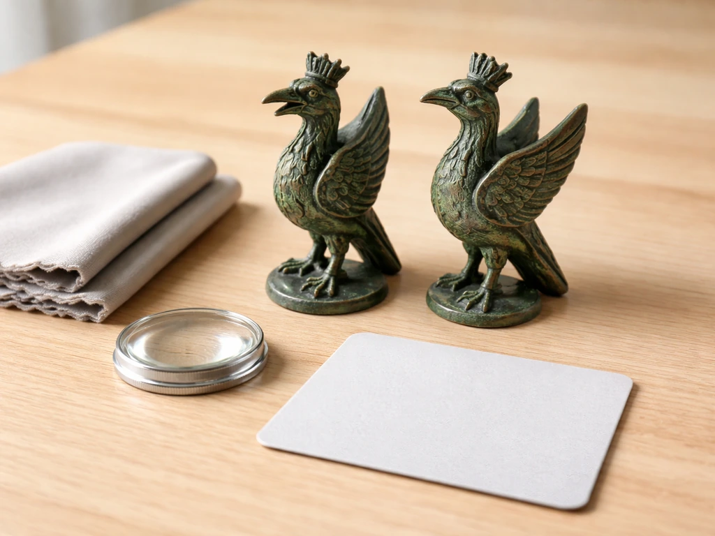 Two similar bird figurines on a table with a magnifier and cloth for comparing beak and crown details.