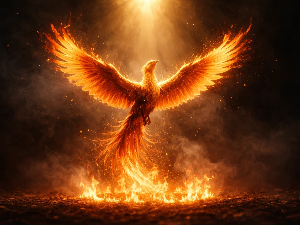 Dramatic phoenix rising from flames into warm golden light, symbolizing rebirth and healing