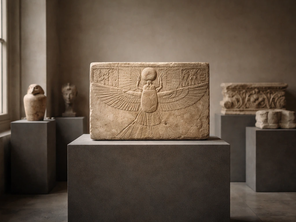 Museum display of ancient Egyptian and Greek phoenix-inspired motifs on a stone artifact background