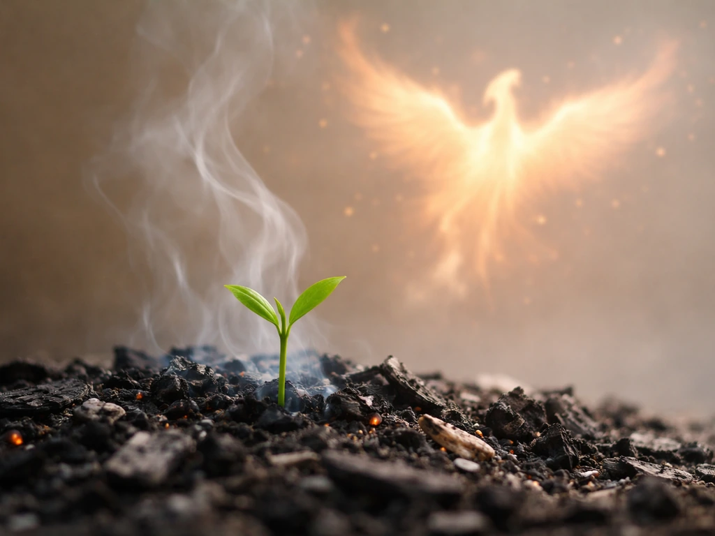 Ash and a fresh green sprout rising from the center, with faint phoenix-like embers in the background.