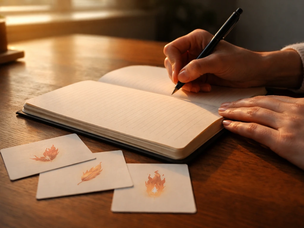 Hands writing in a journal on a wooden desk beside simple phoenix-symbol prompt cards.