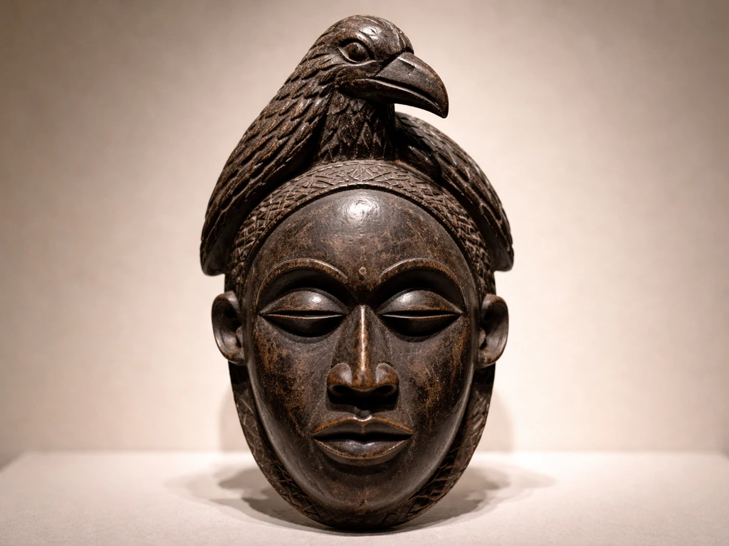 Close-up of an African carved face mask featuring a detailed bird headpiece motif on top.