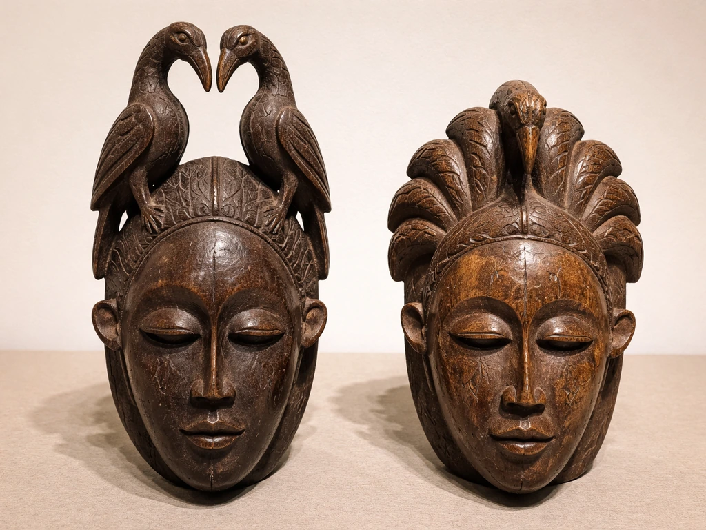 Two different African masks side by side, both featuring bird elements on top of the head area