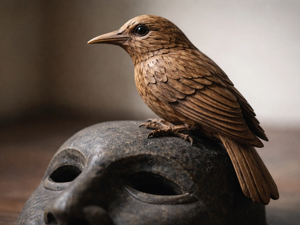 Close-up of a carved bird figurine showing a long beak, feather detail, and backward-turned head.