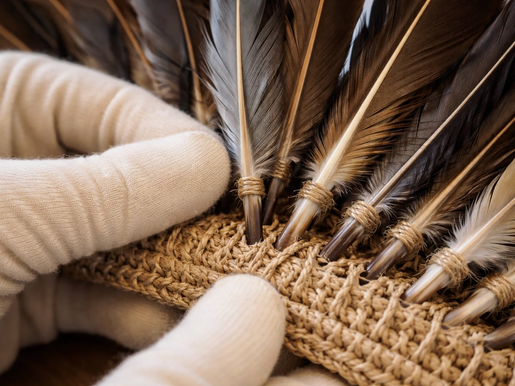 Closeup of a feather headdress in construction, quills inserted into a crocheted/basketry base.