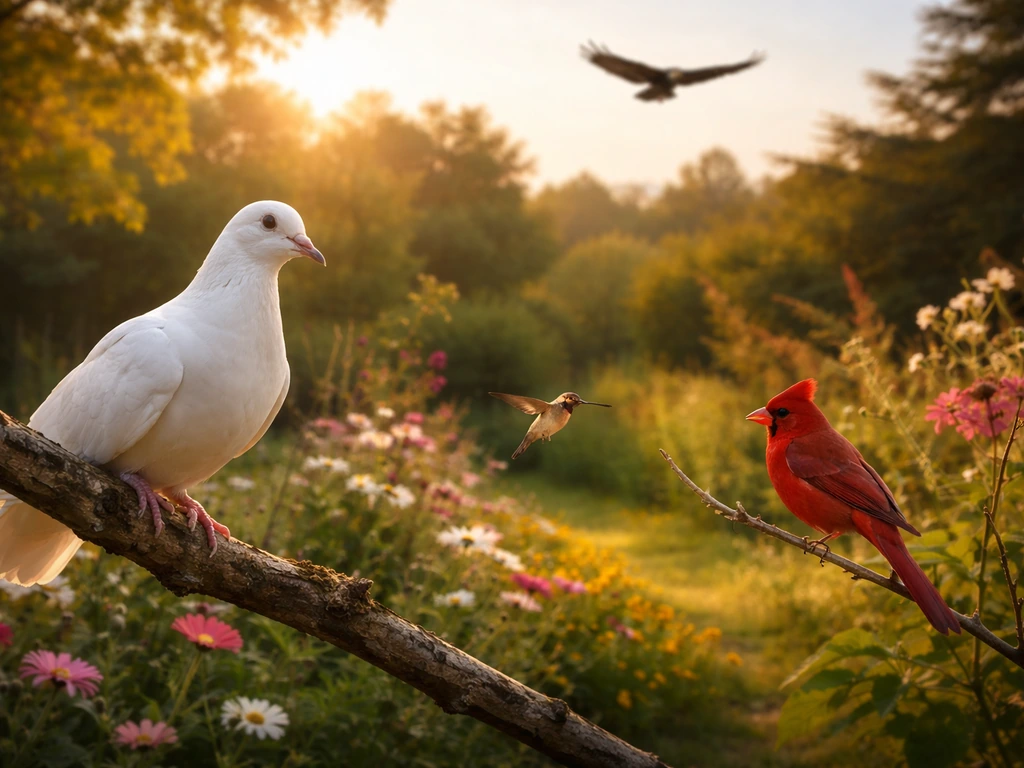 Sunlit garden with a white dove, red cardinal, hovering hummingbird, a swallow in flight, and a distant bald eagle in sk