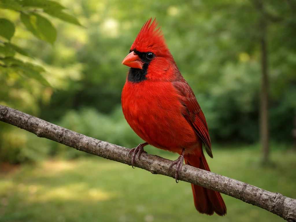 Red-and-black northern cardinal perched on a backyard branch in natural light