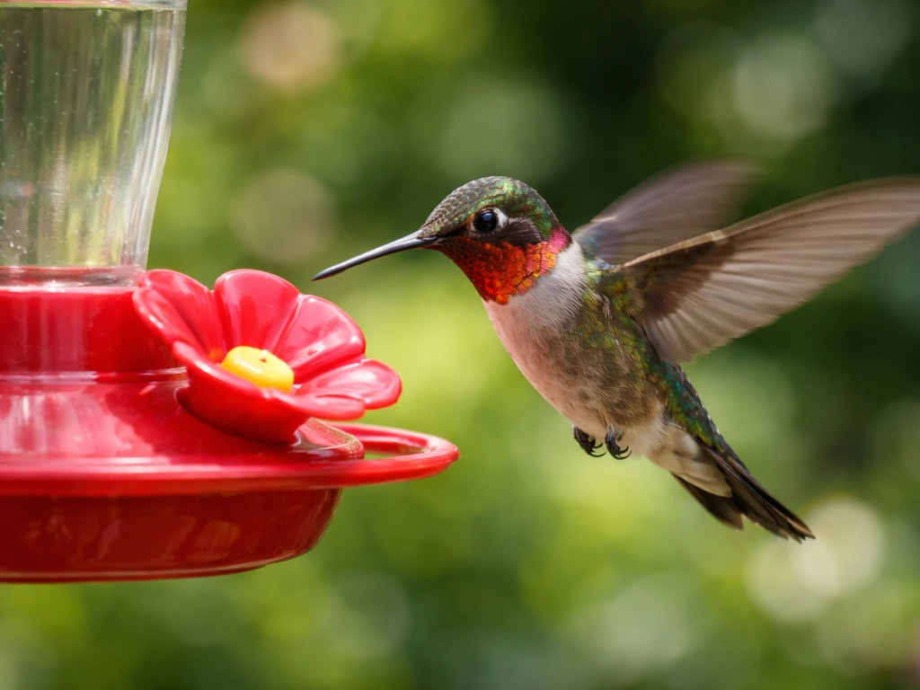 A hummingbird hovering at a flower feeder, wings blurred, showing iridescent throat color in natural light.