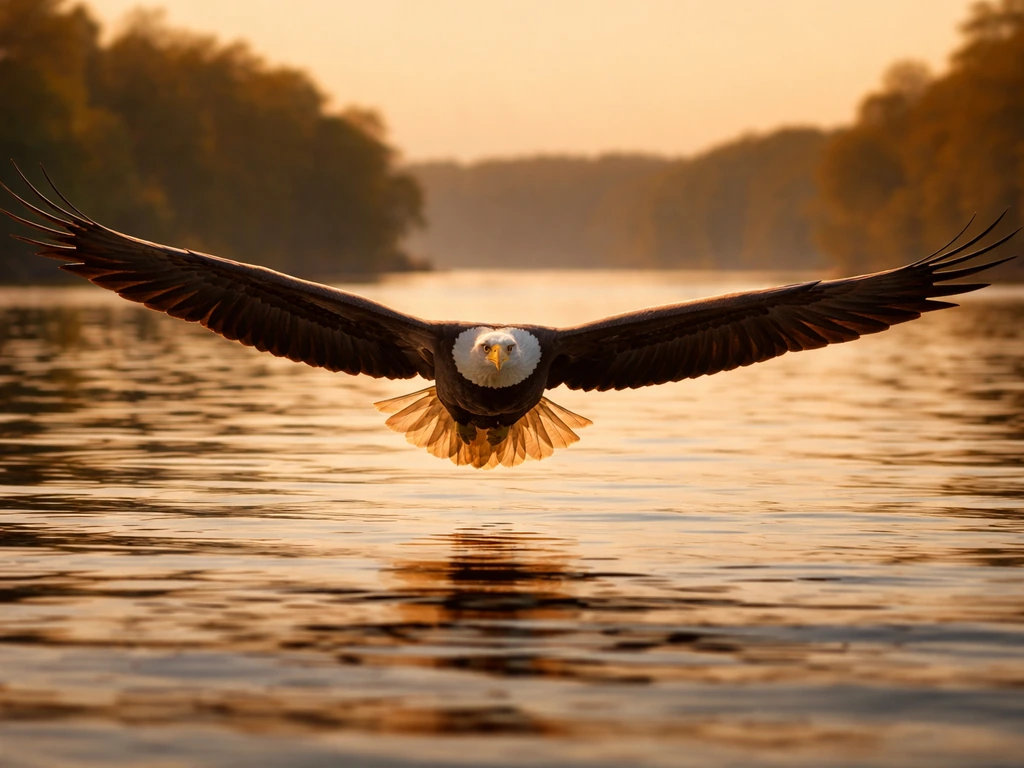 Bald eagle soaring above calm water, wings spread with white head feathers visible