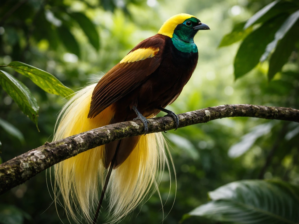 Close-up of a bird-of-paradise perched in lush tropical foliage, showing vivid plumage and confidence.