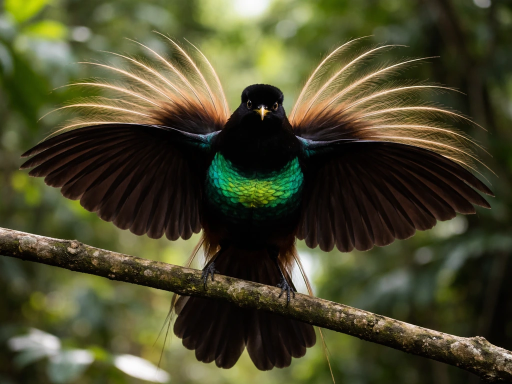 Bird of paradise in a dramatic courtship display with feathers spread against a dark, natural backdrop