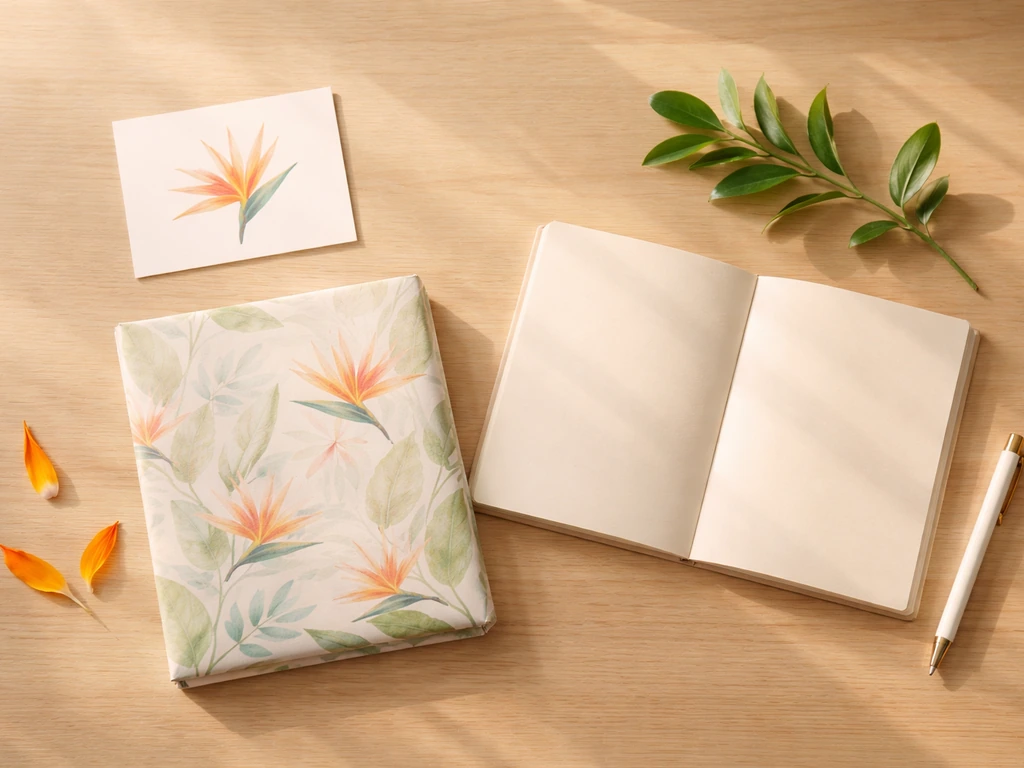 Flat lay of bird-of-paradise inspired card, tropical gift wrap, and journal on a sunlit table