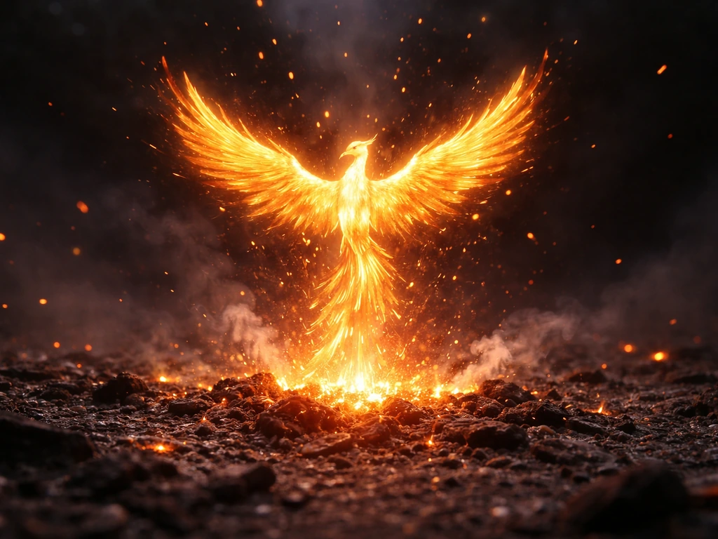 Glowing phoenix-like bird rising from ashes above embers and cinders in a smoky, mythic landscape