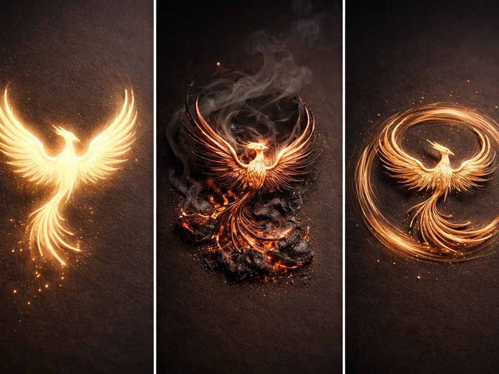 Three small phoenix-like motifs in warm firelight, symbolizing rebirth and cyclical renewal across traditions.