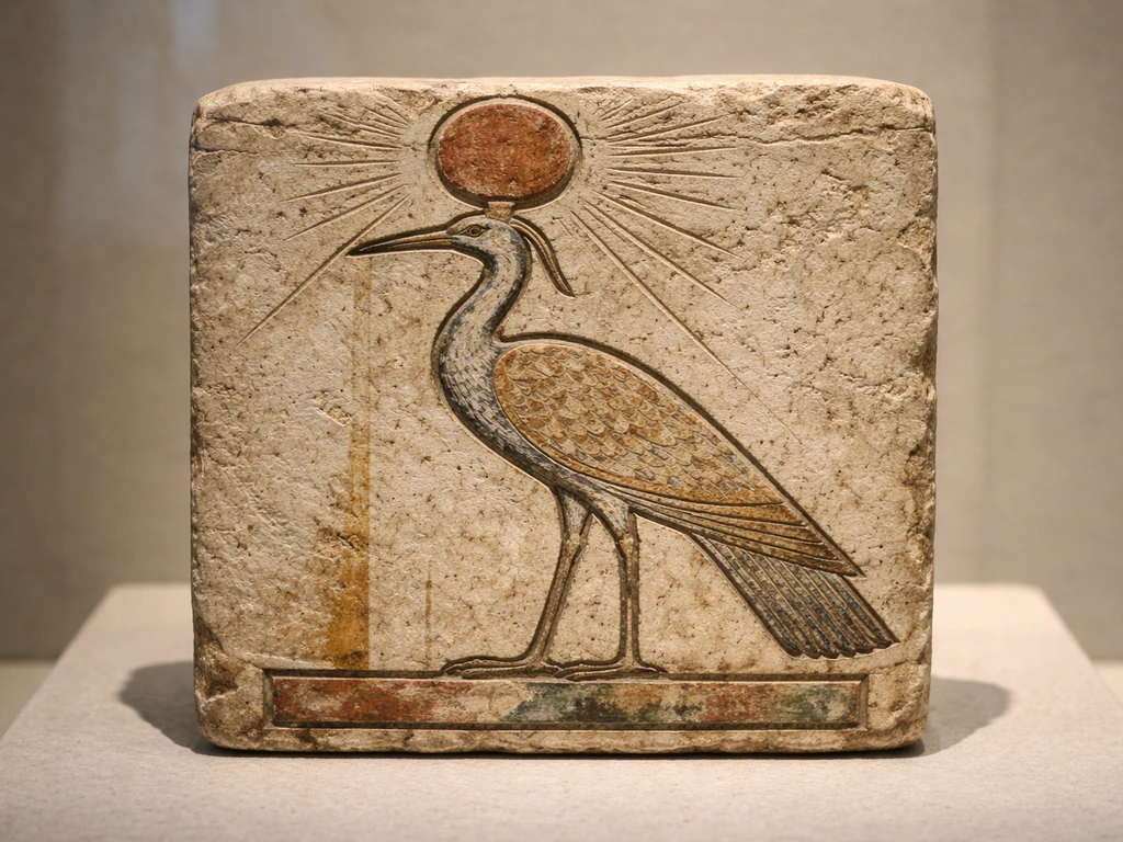 Close photo of a museum artifact panel showing a stylized Bennu bird with a solar disk motif.