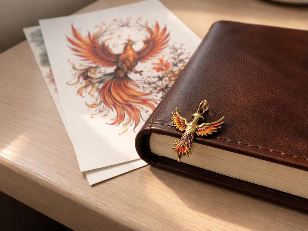 Close-up of a phoenix tattoo flash sheet under a book, with a small phoenix pendant nearby.