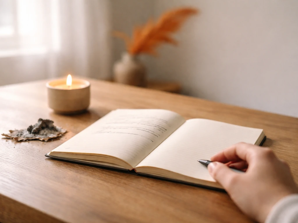 Open notebook with journaling prompts, lit candle, and a small burnt-paper prop with phoenix-like renewal vibe.