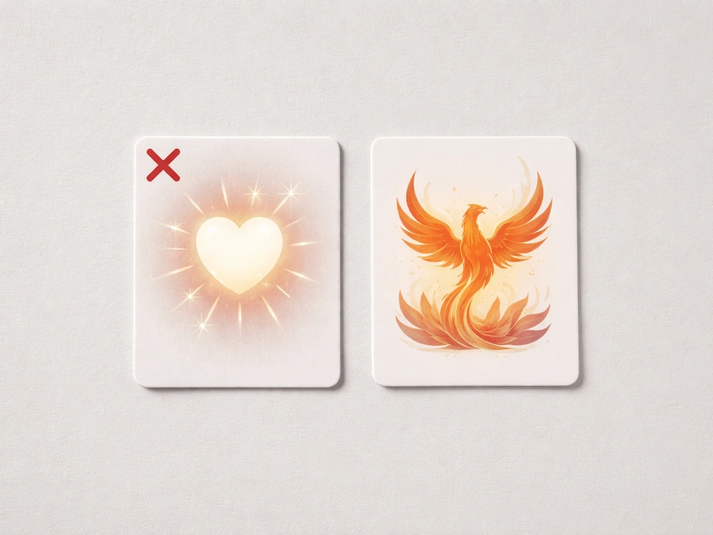 Minimal desk with crossed-out comfort icon and a phoenix-like motif beside it, symbolizing transformation after endings.