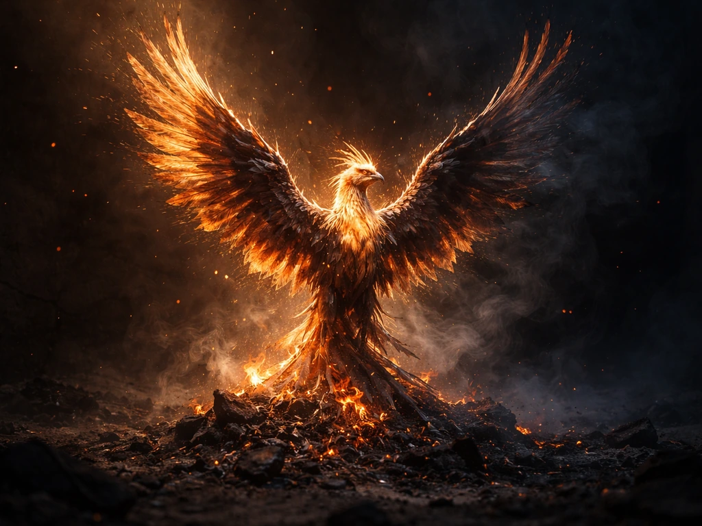 Moody phoenix rising from glowing ashes, warm hopeful light against darker embers.